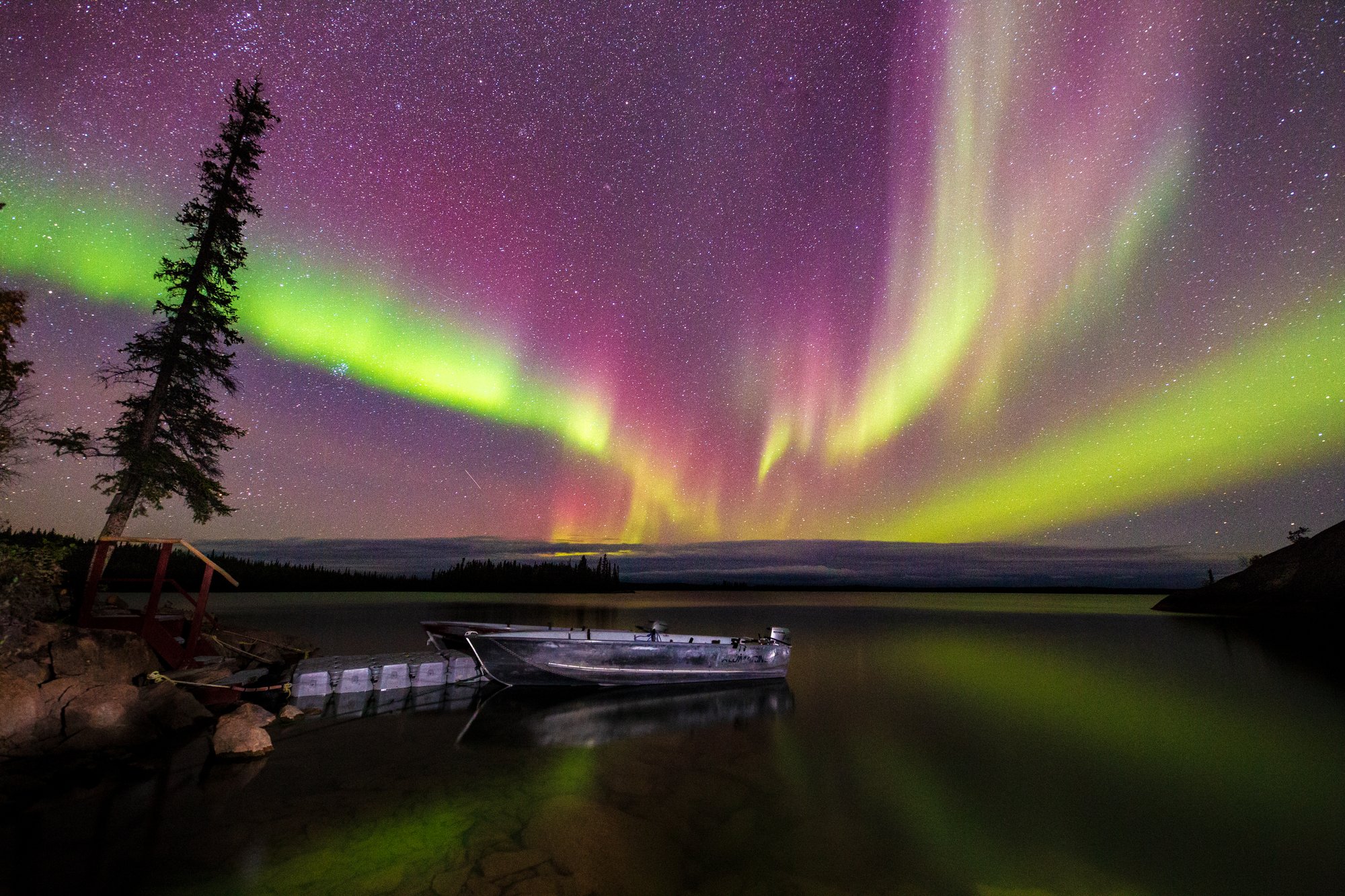 Purple Aurora Dock and Boat-Fall-Aaron Von Hagen-Horizontal