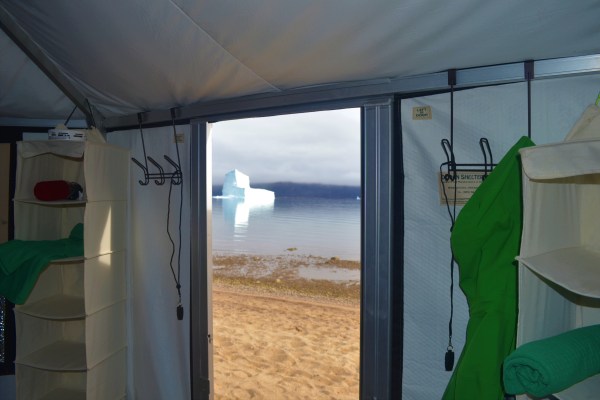 view of arctic beach from inside yurt